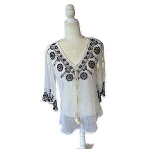 Rancho Estancia Boho Sheer Blouse White Floral Blue Brown Embroidered V-Neck‎ S